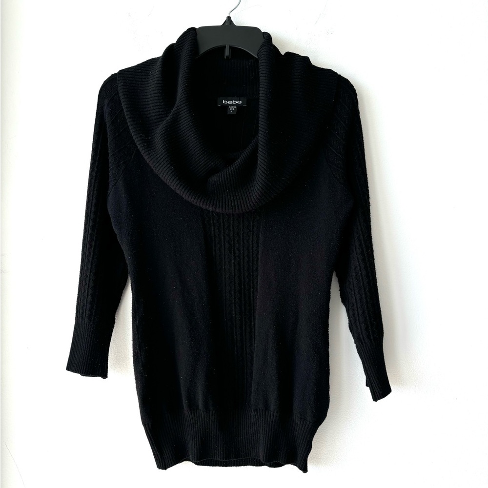 Y2K VTG BEBE Sweater Cable Knit Cowl Neck Ribbed Knit Black Womens L USA Preppy